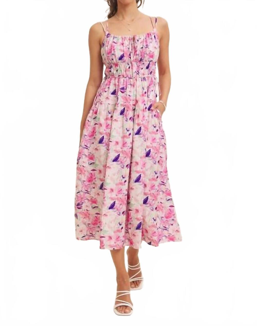 NEW IN FEBRUARY vibrant floral print ruching cami midi dress in pink